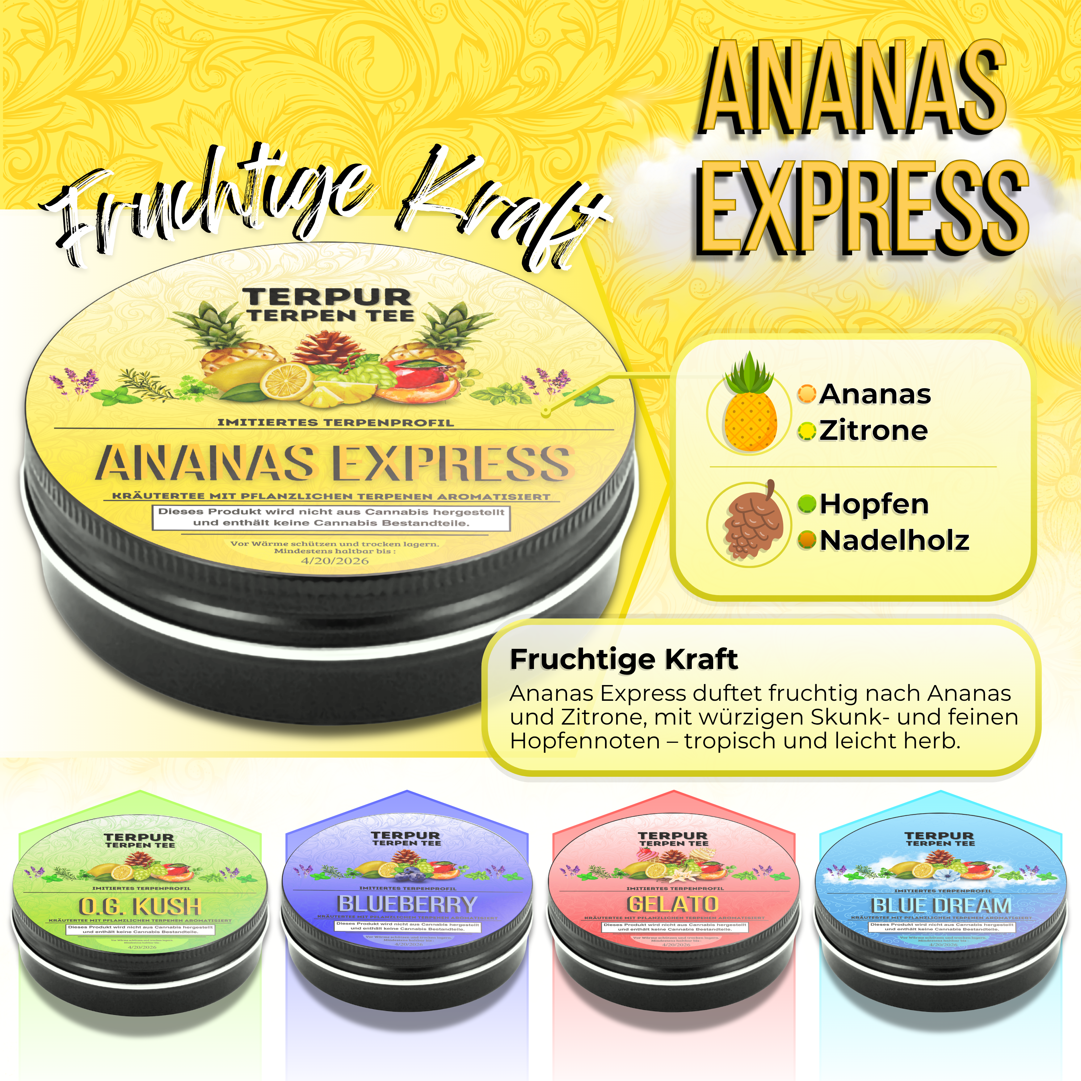 Gold Edition Herbal Mix mit Terpenen | Kräutermix mit pflanzlichen Terpenen von TERPUR | Terpen Tee Ananas Express | 16g Dose Metall mit Schraubverschluss | 100% natürliche Kräutermischung