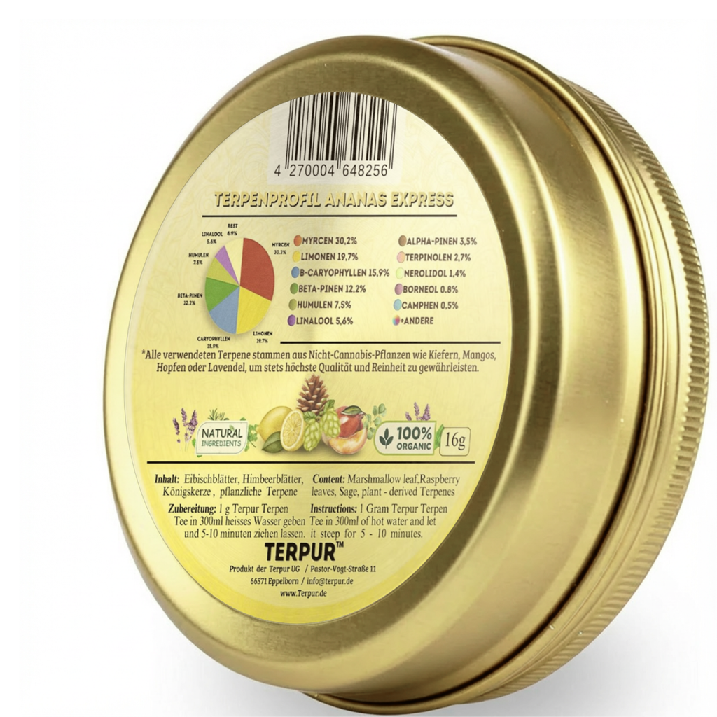 Gold Edition Herbal Mix mit Terpenen | Kräutermix mit pflanzlichen Terpenen von TERPUR | Terpen Tee Ananas Express | 16g Dose Metall mit Schraubverschluss | 100% natürliche Kräutermischung